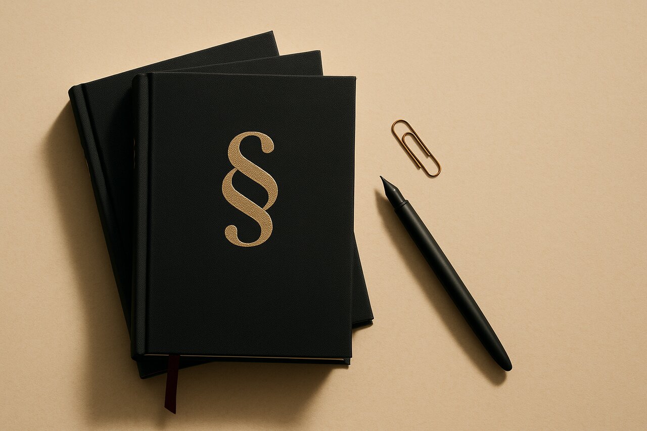 Gesetzbücher mit goldenem §-Zeichen, Füller und Papierklammer auf Pergament